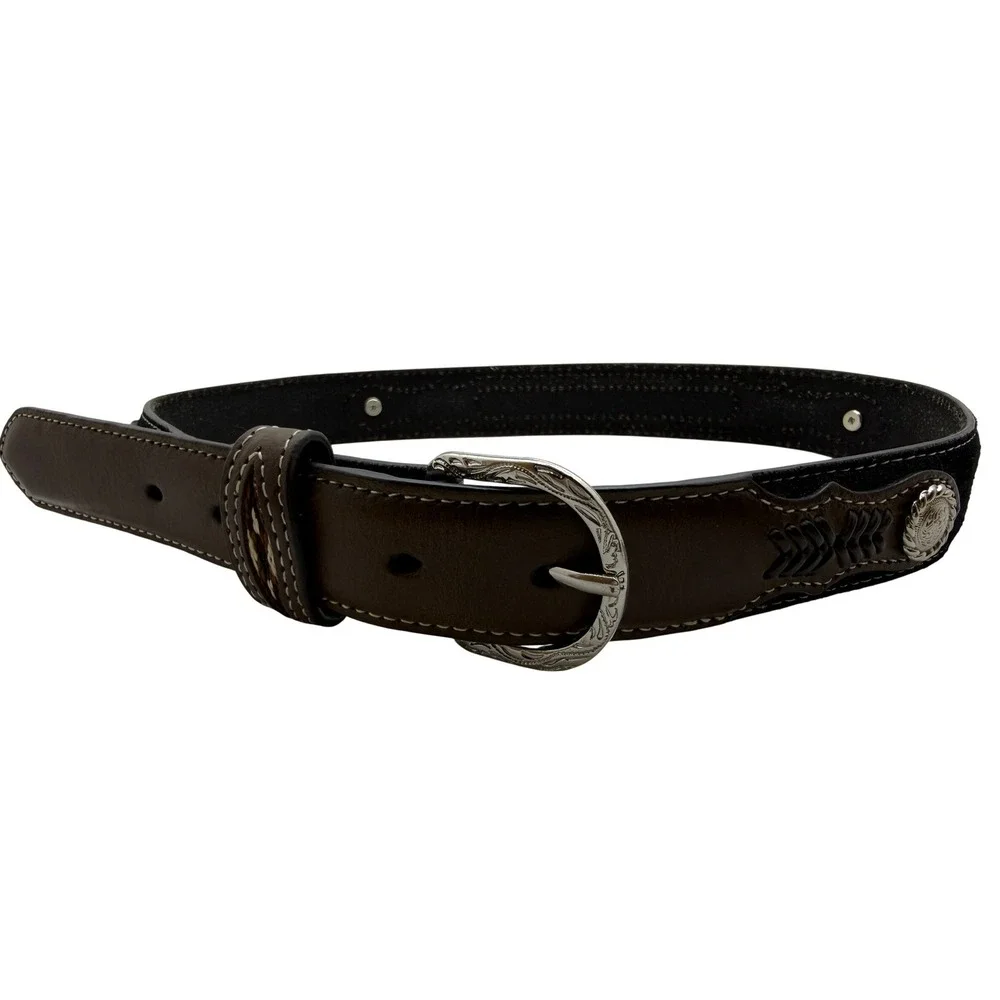 Nocona Belt Co Brown Leather Western‎ Horsehair Inlay Concho Belt SZ 28 N441580